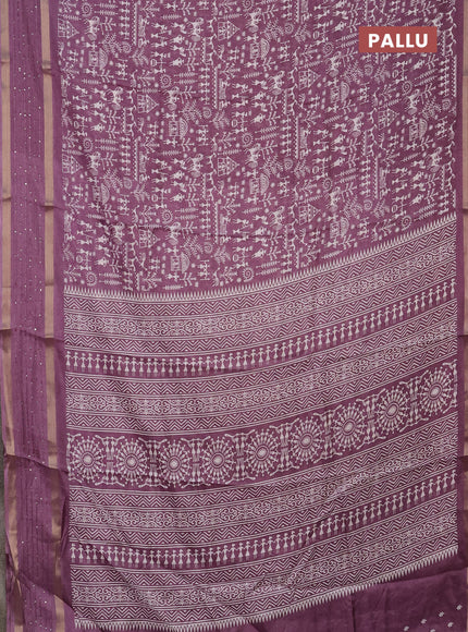 Semi dola saree deep jamun with allover warli prints and zari woven sequin work border