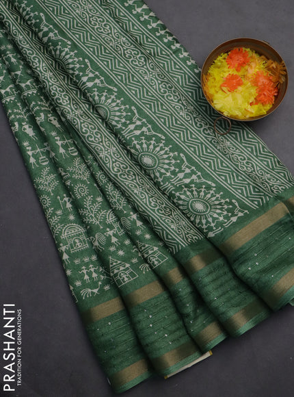 Semi dola saree green with allover warli prints and zari woven sequin work border