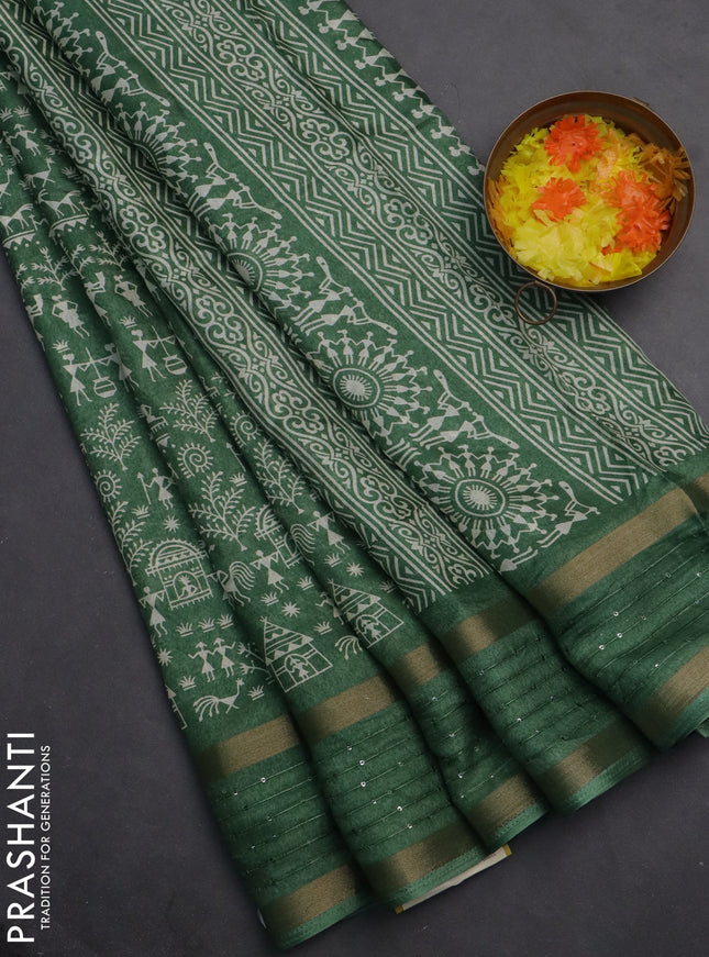 Semi dola saree green with allover warli prints and zari woven sequin work border