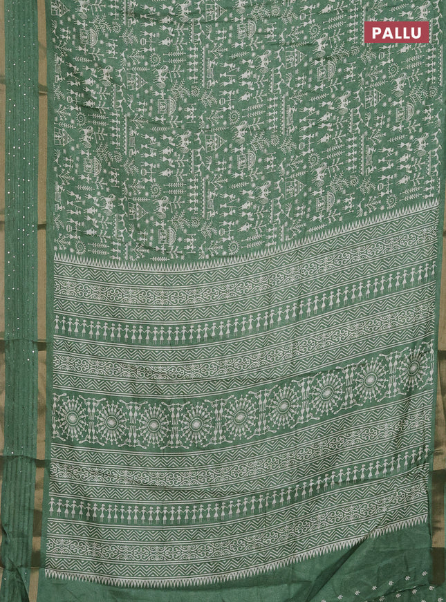 Semi dola saree green with allover warli prints and zari woven sequin work border