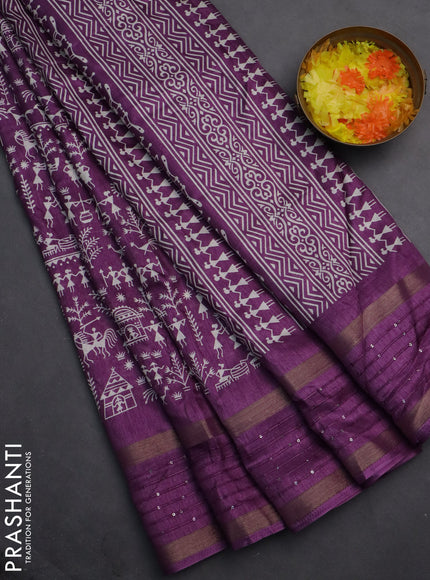 Semi dola saree deep purple with allover warli prints and zari woven sequin work border