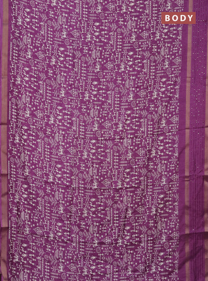 Semi dola saree deep purple with allover warli prints and zari woven sequin work border