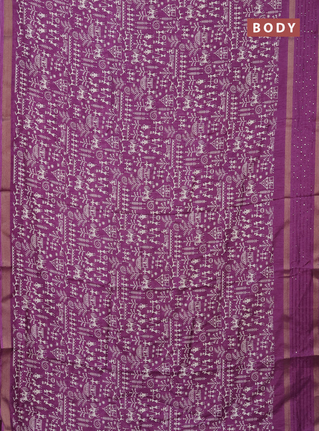 Semi dola saree deep purple with allover warli prints and zari woven sequin work border