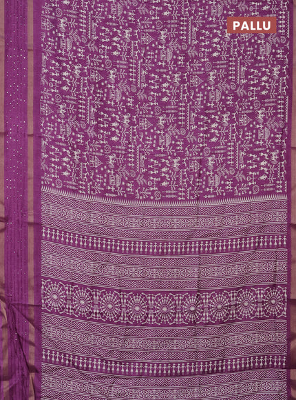 Semi dola saree deep purple with allover warli prints and zari woven sequin work border