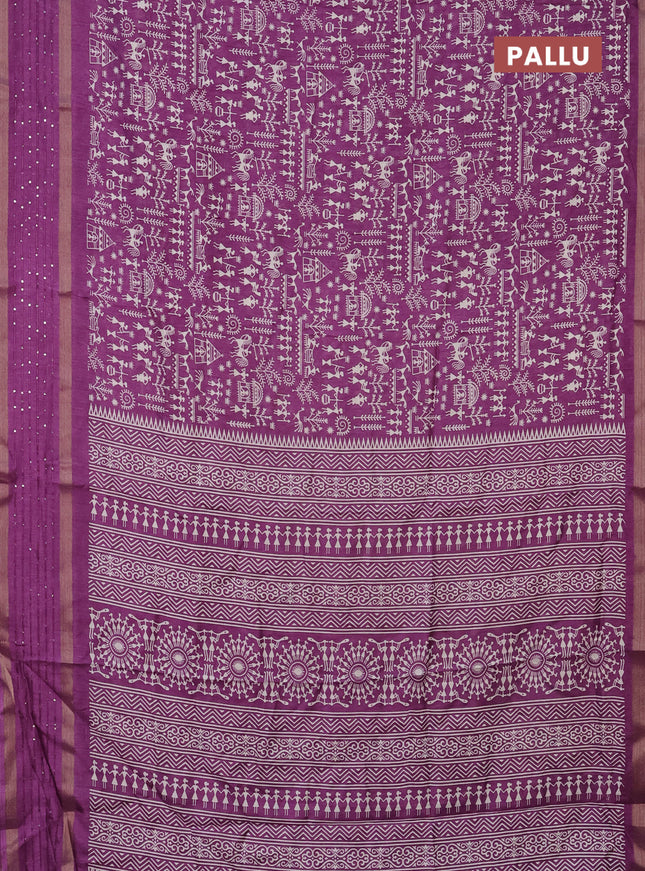 Semi dola saree deep purple with allover warli prints and zari woven sequin work border