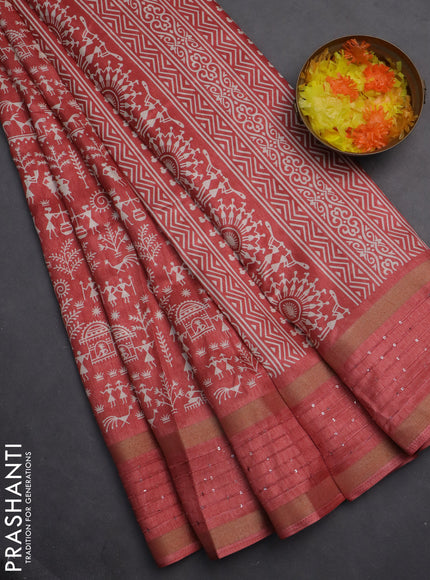 Semi dola saree peach orange with allover warli prints and zari woven sequin work border