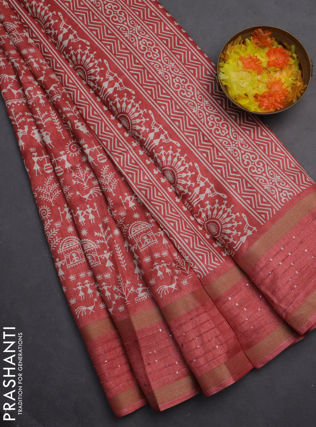 Semi dola saree peach orange with allover warli prints and zari woven sequin work border