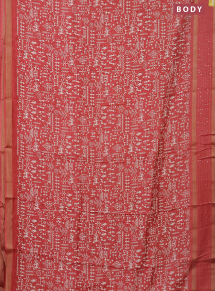 Semi dola saree peach orange with allover warli prints and zari woven sequin work border