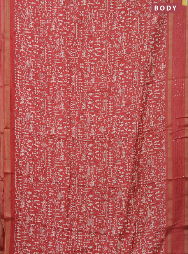 Semi dola saree peach orange with allover warli prints and zari woven sequin work border