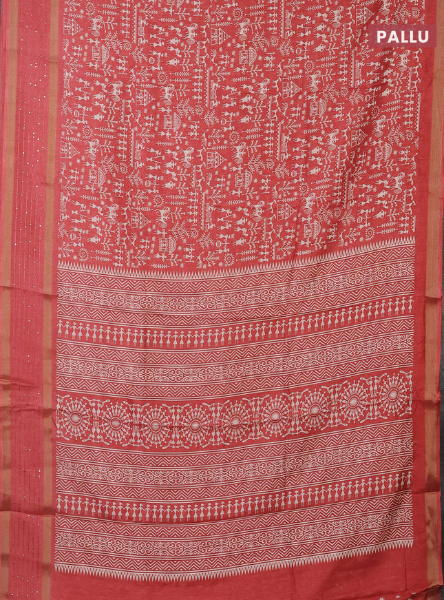 Semi dola saree peach orange with allover warli prints and zari woven sequin work border