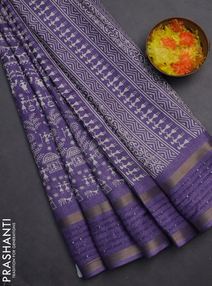 Semi dola saree violet with allover warli prints and zari woven sequin work border