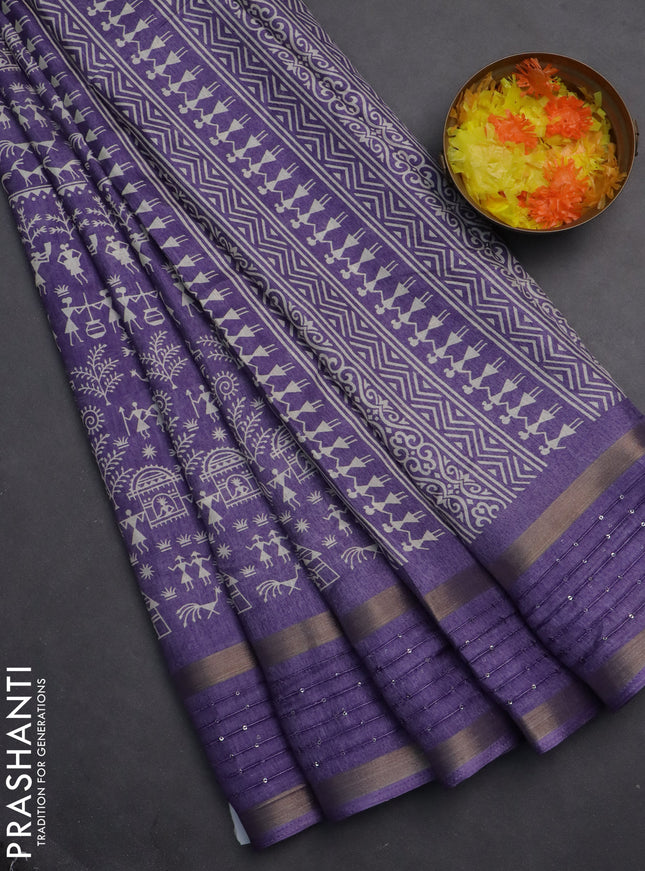 Semi dola saree violet with allover warli prints and zari woven sequin work border