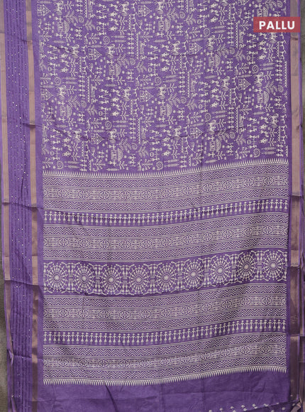 Semi dola saree violet with allover warli prints and zari woven sequin work border