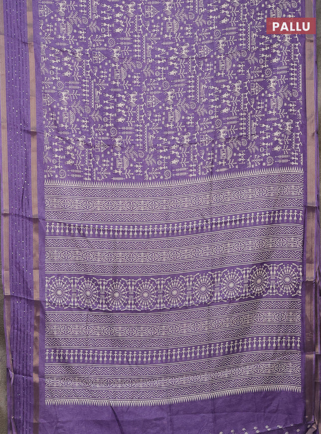 Semi dola saree violet with allover warli prints and zari woven sequin work border
