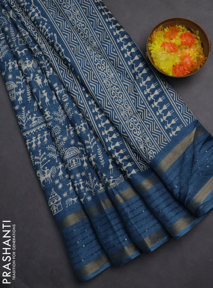 Semi dola saree cs blue with allover warli prints and zari woven sequin work border