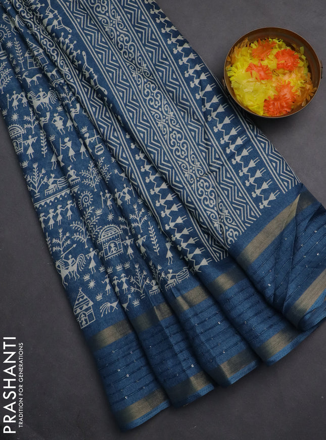 Semi dola saree cs blue with allover warli prints and zari woven sequin work border