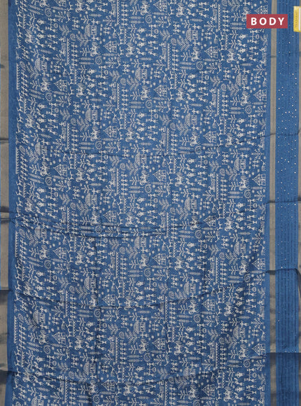 Semi dola saree cs blue with allover warli prints and zari woven sequin work border