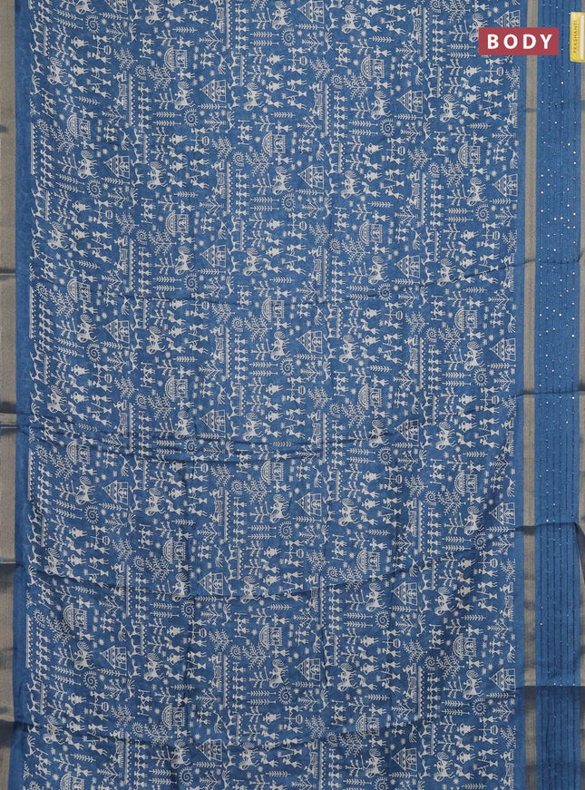Semi dola saree cs blue with allover warli prints and zari woven sequin work border