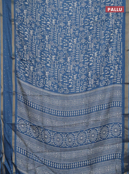 Semi dola saree cs blue with allover warli prints and zari woven sequin work border