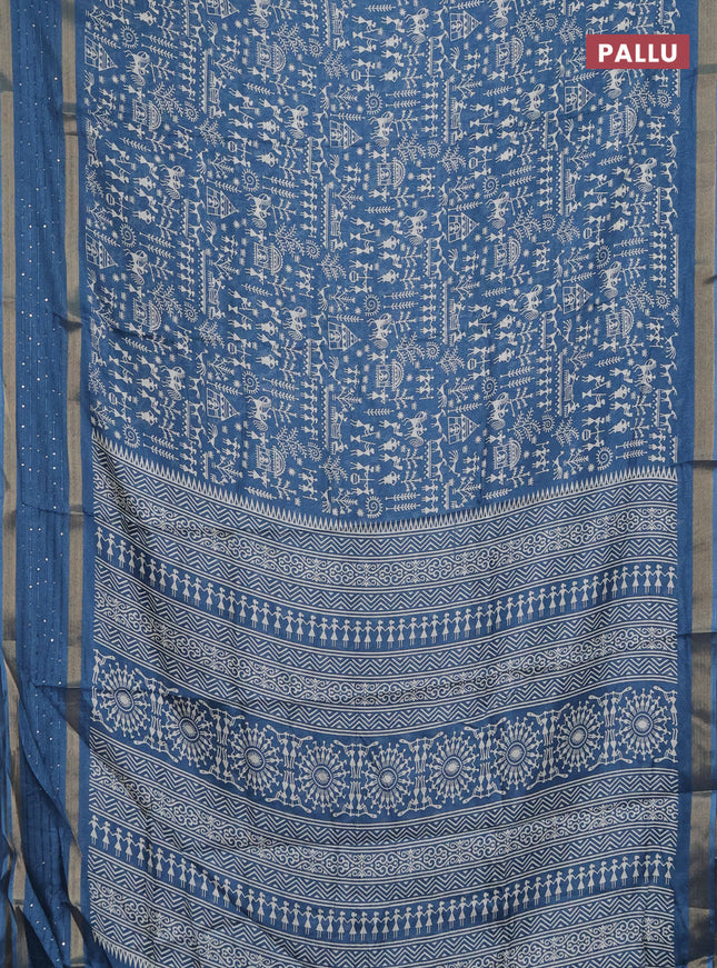 Semi dola saree cs blue with allover warli prints and zari woven sequin work border
