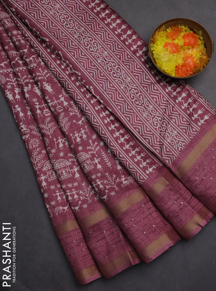Semi dola saree mauve pink with allover warli prints and zari woven sequin work border