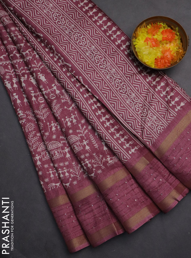 Semi dola saree mauve pink with allover warli prints and zari woven sequin work border