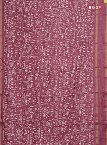 Semi dola saree mauve pink with allover warli prints and zari woven sequin work border