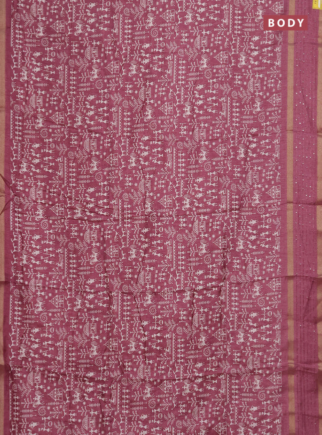 Semi dola saree mauve pink with allover warli prints and zari woven sequin work border