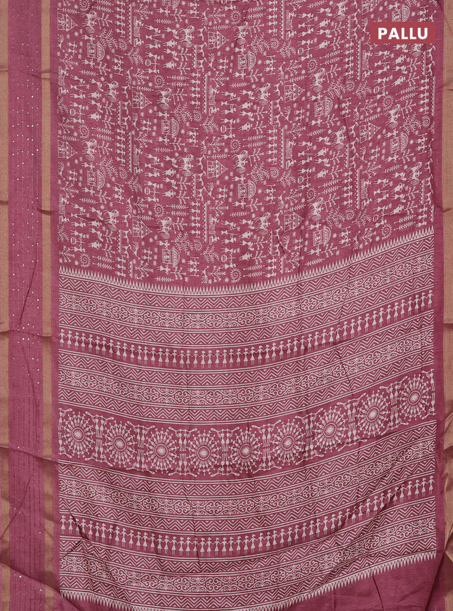 Semi dola saree mauve pink with allover warli prints and zari woven sequin work border