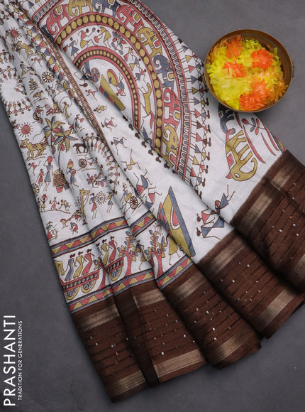 Semi dola saree off white and brown with allover warli prints and zari woven sequin work border