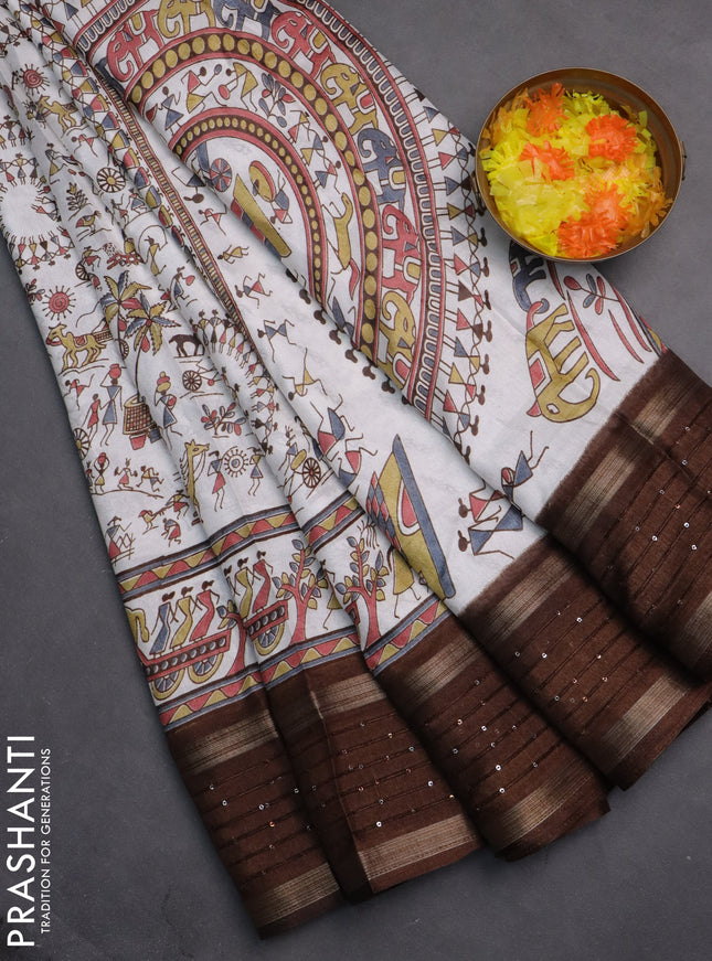 Semi dola saree off white and brown with allover warli prints and zari woven sequin work border