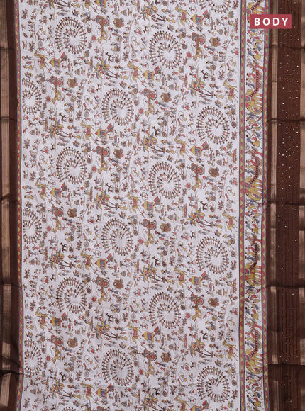 Semi dola saree off white and brown with allover warli prints and zari woven sequin work border