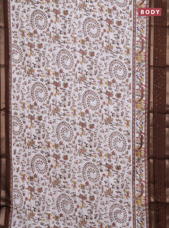 Semi dola saree off white and brown with allover warli prints and zari woven sequin work border