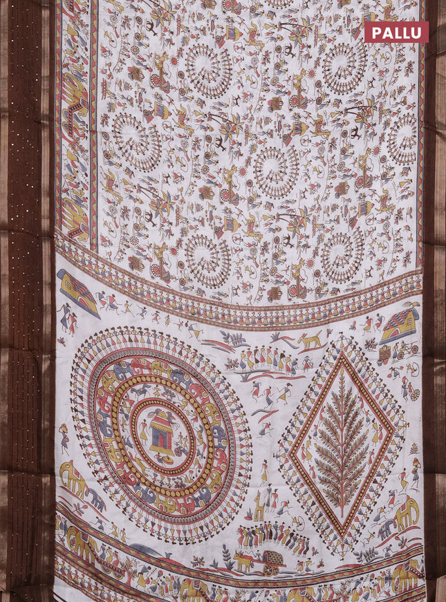 Semi dola saree off white and brown with allover warli prints and zari woven sequin work border