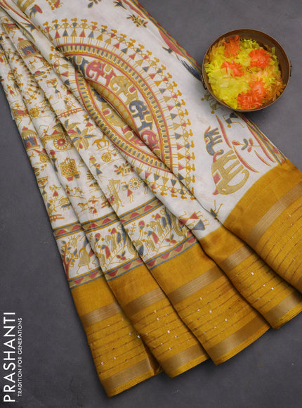 Semi dola saree off white and mustard yellow with allover warli prints and zari woven sequin work border