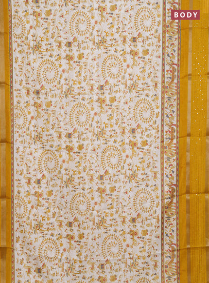 Semi dola saree off white and mustard yellow with allover warli prints and zari woven sequin work border