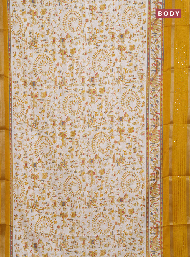 Semi dola saree off white and mustard yellow with allover warli prints and zari woven sequin work border