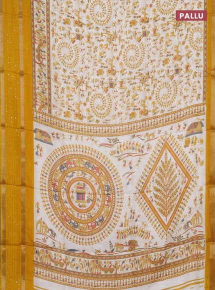 Semi dola saree off white and mustard yellow with allover warli prints and zari woven sequin work border