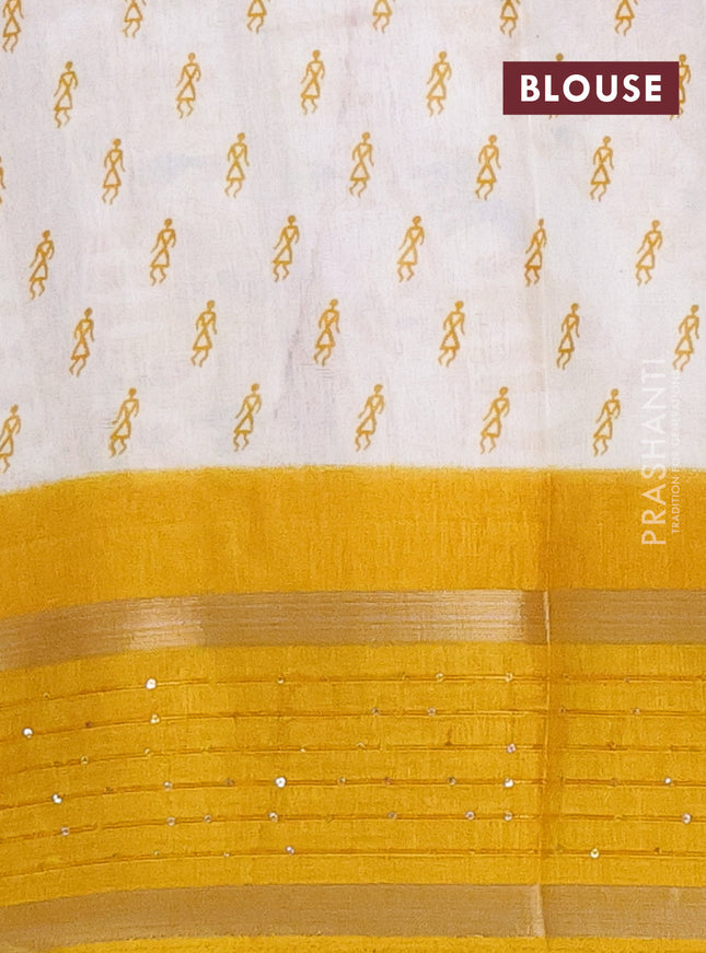 Semi dola saree off white and mustard yellow with allover warli prints and zari woven sequin work border