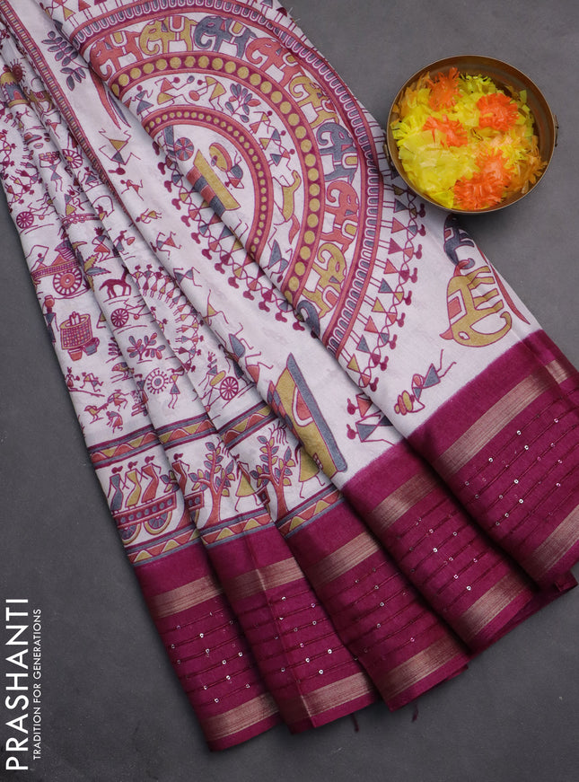 Semi dola saree off white and purple with allover warli prints and zari woven sequin work border