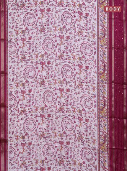 Semi dola saree off white and purple with allover warli prints and zari woven sequin work border