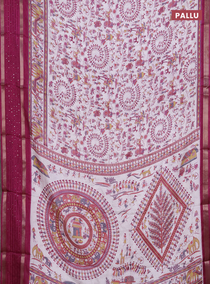 Semi dola saree off white and purple with allover warli prints and zari woven sequin work border