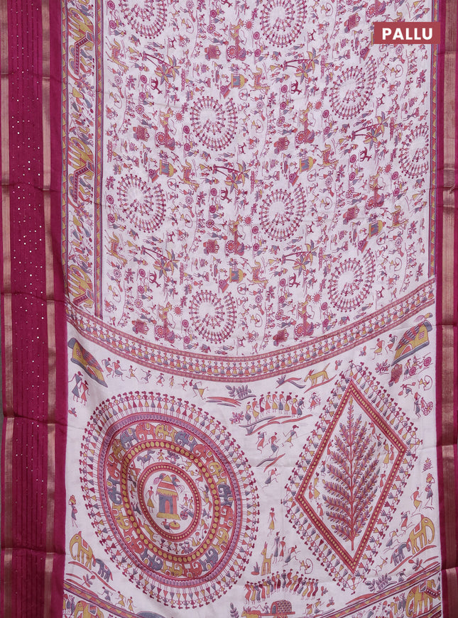 Semi dola saree off white and purple with allover warli prints and zari woven sequin work border