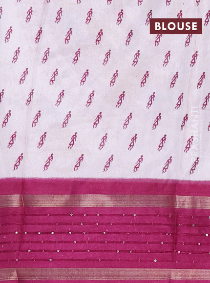 Semi dola saree off white and purple with allover warli prints and zari woven sequin work border
