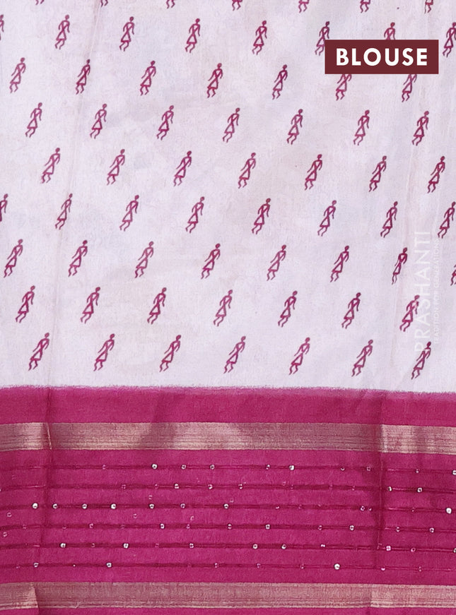 Semi dola saree off white and purple with allover warli prints and zari woven sequin work border