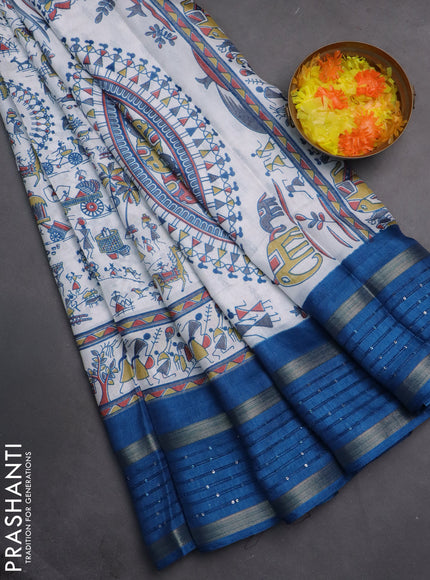 Semi dola saree off white and cs blue with allover warli prints and zari woven sequin work border