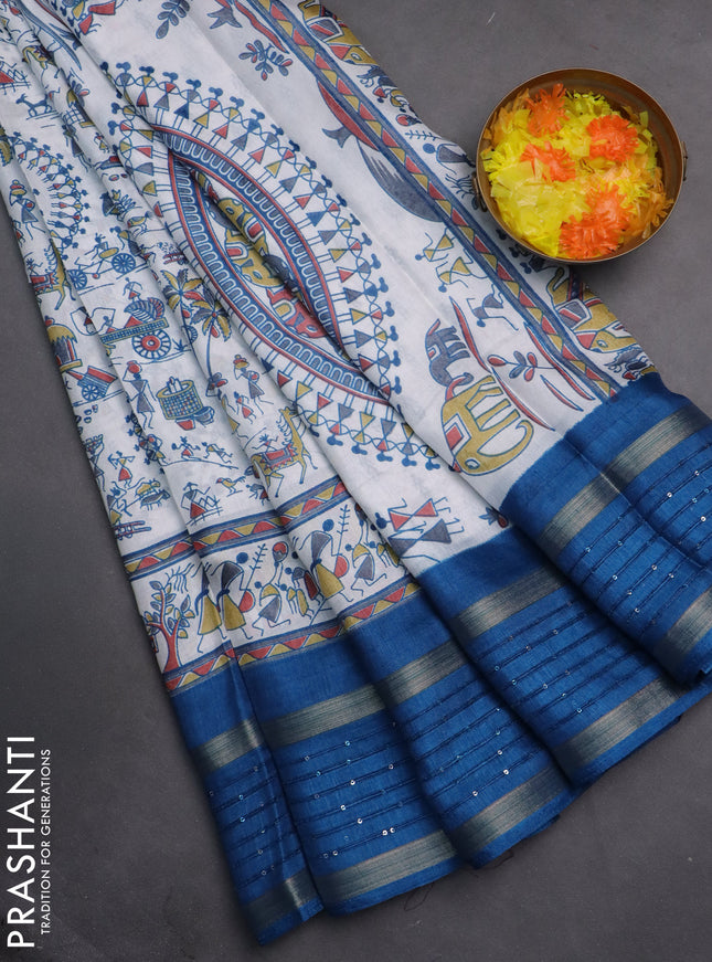 Semi dola saree off white and cs blue with allover warli prints and zari woven sequin work border