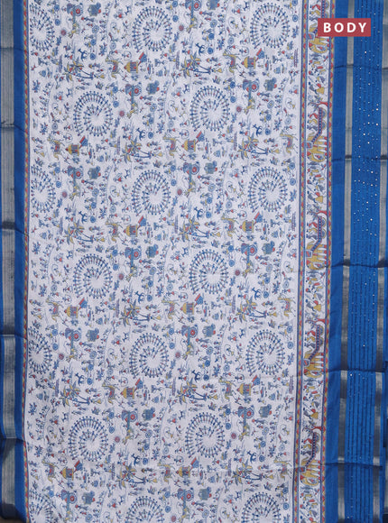 Semi dola saree off white and cs blue with allover warli prints and zari woven sequin work border