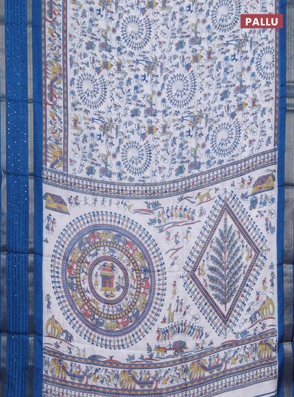 Semi dola saree off white and cs blue with allover warli prints and zari woven sequin work border