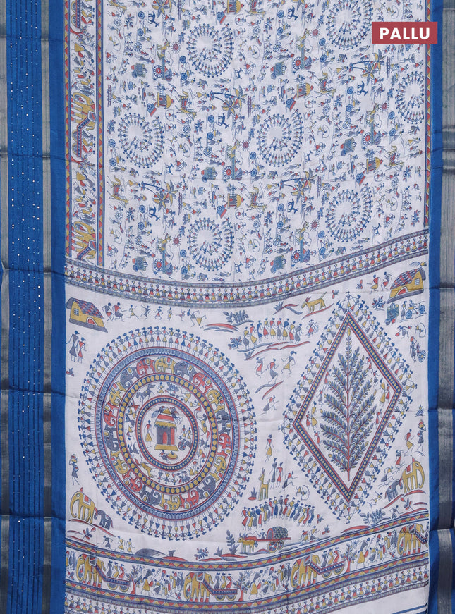 Semi dola saree off white and cs blue with allover warli prints and zari woven sequin work border